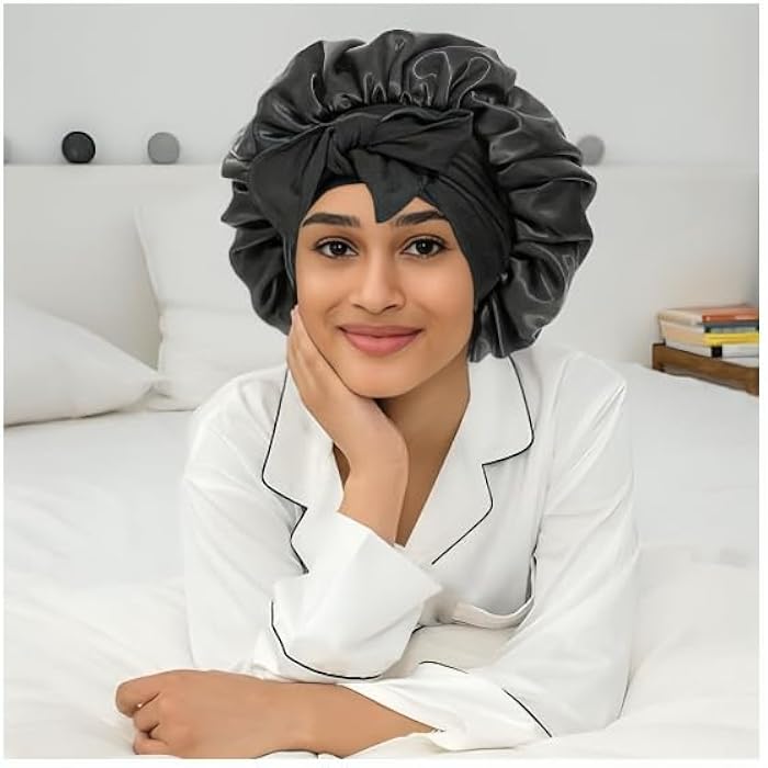 Silk Hair Bonnet Braided One Layer with Satin Toukka Gift Black - Image 5